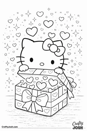 This Valentine’s Day coloring page features Hello Kitty opening a heart-filled gift box with love bursting out