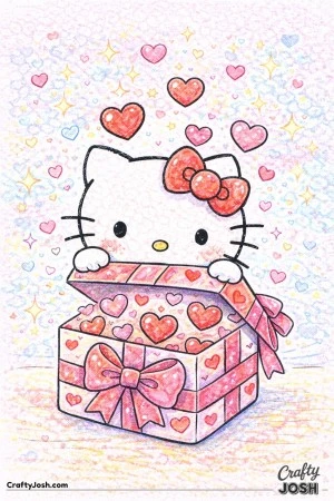 This Valentine’s Day coloring page features Hello Kitty opening a heart-filled gift box with love bursting out