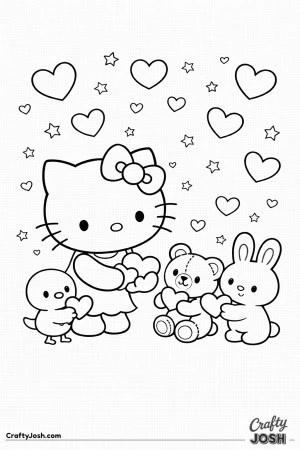 This Valentine’s Day coloring page features Hello Kitty sharing hearts with her animal friends.