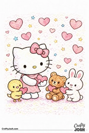This Valentine’s Day coloring page features Hello Kitty sharing hearts with her animal friends.