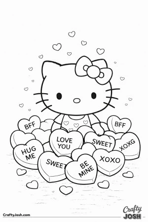 This Valentine’s Day coloring page features a Hello Kitty surrounded by candy hearts with sweet messages.