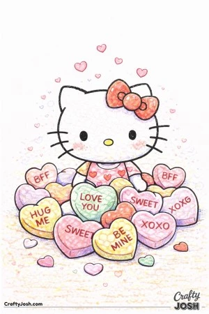 This Valentine’s Day coloring page features a Hello Kitty surrounded by candy hearts with sweet messages.