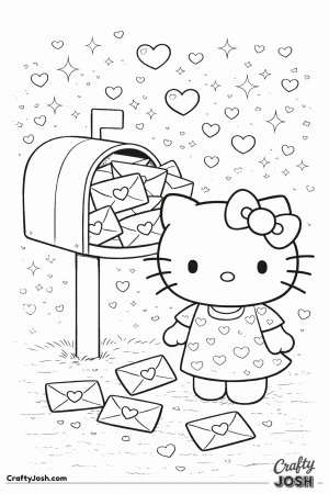This sweet Valentine’s Day coloring page features Hello Kitty standing beside a mailbox overflowing with heart-sealed love letters.
