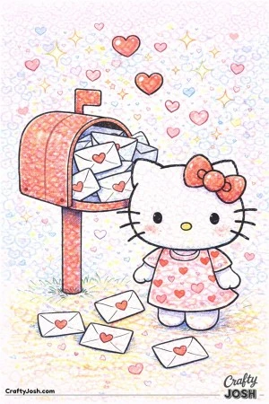 This sweet Valentine’s Day coloring page features Hello Kitty standing beside a mailbox overflowing with heart-sealed love letters.