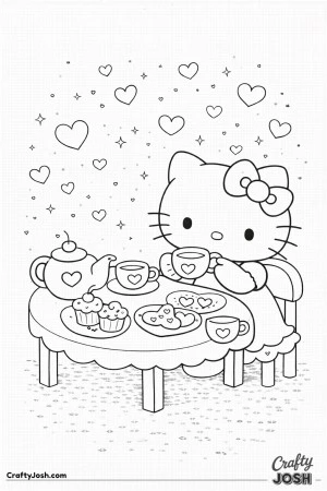 This Valentine’s Day coloring page features Hello Kitty hosting a heart-filled tea party with cups, plates, and treats on a small table.