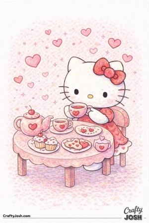 This Valentine’s Day coloring page features Hello Kitty hosting a heart-filled tea party with cups, plates, and treats on a small table.
