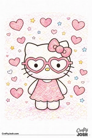 This adorable Valentine’s Day coloring page features Hello Kitty wearing oversized heart-shaped glasses, surrounded by hearts and stars.