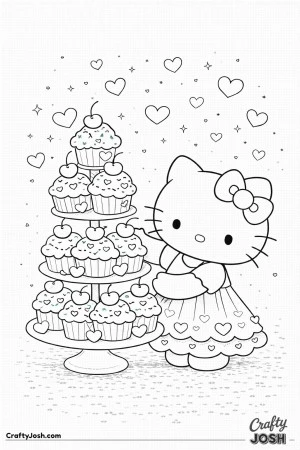 This adorable Valentine’s Day coloring page features Hello Kitty proudly presenting a tall tower of heart-decorated cupcakes topped with cherries ..