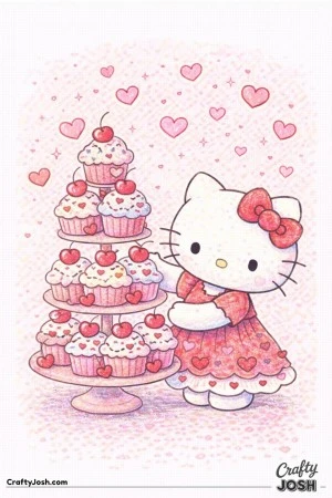This adorable Valentine’s Day coloring page features Hello Kitty proudly presenting a tall tower of heart-decorated cupcakes topped with cherries ..