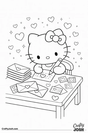 This alentine’s Day coloring page features Hello Kitty writing Valentine letters at a desk, surrounded by envelopes, stamps, and floating hearts.