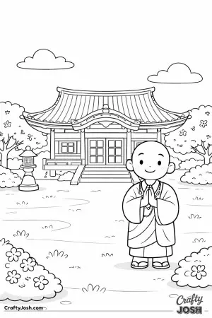 A peaceful Kyoto temple sits beneath the open sky while a friendly monk smiles with hands together in greeting