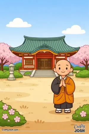 A peaceful Kyoto temple sits beneath the open sky while a friendly monk smiles with hands together in greeting