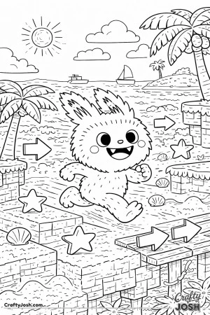 This Labubu-inspired coloring page shows a happy character racing across a sunny beach platformer level