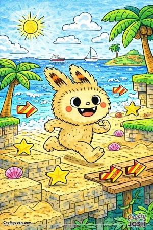 This Labubu-inspired coloring page shows a happy character racing across a sunny beach platformer level