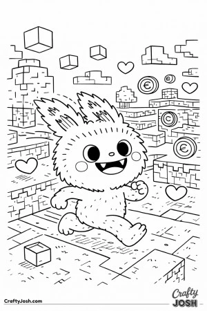 This Labubu inspired coloring page shows an energetic character sprinting through a blocky, pixel-style Minecraft inspired world filled with chunky ..