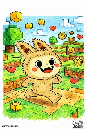 This Labubu inspired coloring page shows an energetic character sprinting through a blocky, pixel-style Minecraft inspired world filled with chunky ..