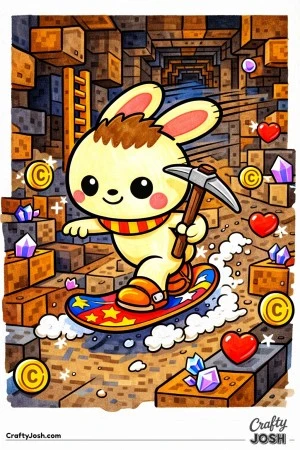 This Labubu-inspired coloring page features a cute character sprinting through a block-style underground mine while holding a pickaxe