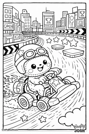 This printable coloring page features a Labubu-inspired character racing a go-kart through a neon-style city track