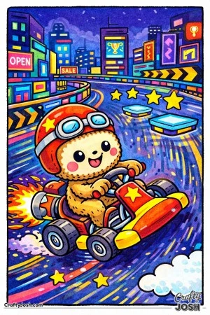 This printable coloring page features a Labubu-inspired character racing a go-kart through a neon-style city track