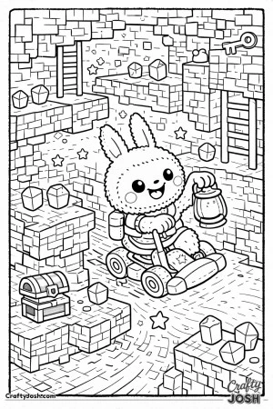This printable coloring page features a Labubu-inspired character exploring a pixel-style cave level filled with blocky platforms and hidden treasures