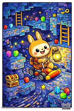 This printable coloring page features a Labubu-inspired character exploring a pixel-style cave level filled with blocky platforms and hidden treasures
