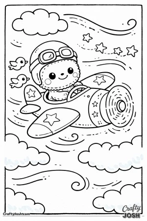 This printable coloring page features a Labubu-inspired character flying a small cartoon airplane through the sky