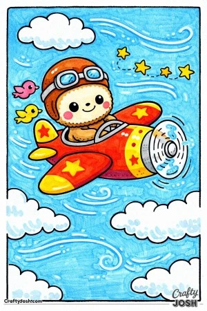 This printable coloring page features a Labubu-inspired character flying a small cartoon airplane through the sky