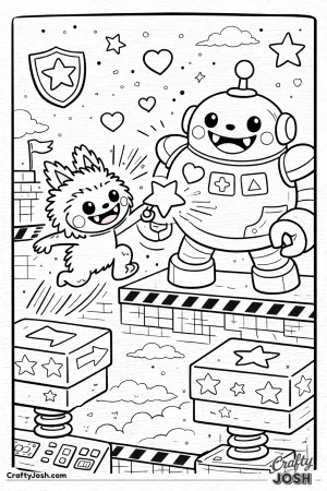 This exciting coloring page features a Labubu-inspired character jumping forward to battle a friendly robot boss inside an arena-style level