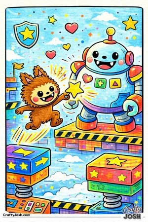 This exciting coloring page features a Labubu-inspired character jumping forward to battle a friendly robot boss inside an arena-style level