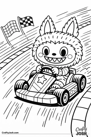 This Labubu-inspired racing coloring page shows an excited character speeding around a curving racetrack in a go-kart decorated with stars and racing ..