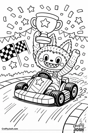 This Labubu-inspired coloring page shows a Labubu celebrating a race win while sitting in a go-kart and holding a large trophy.