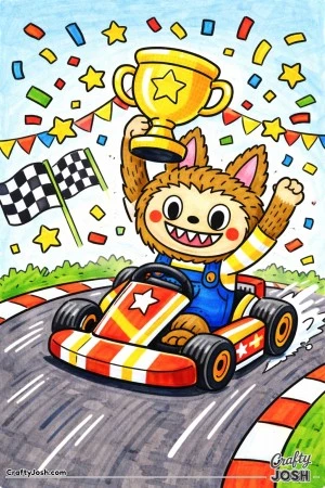 This Labubu-inspired coloring page shows a Labubu celebrating a race win while sitting in a go-kart and holding a large trophy.