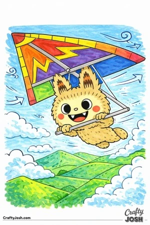 This Labubu-inspired coloring page features a cheerful character soaring through the sky while holding onto a wide hang glider decorated with bold ..