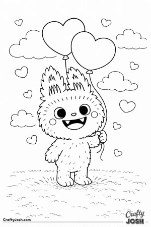 This Labubu-inspired coloring page features a calm, smiling character holding heart-shaped balloons as they float gently above