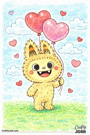 This Labubu-inspired coloring page features a calm, smiling character holding heart-shaped balloons as they float gently above