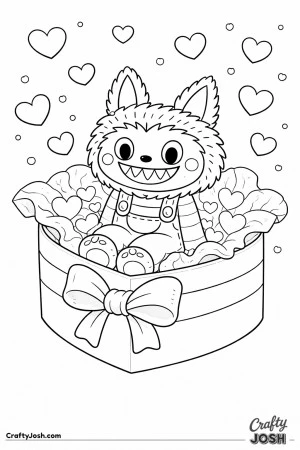 This Labubu-inspired coloring page features a cheerful character sitting inside a heart-shaped Valentine gift box filled with tissue paper and ..