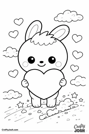 This Labubu-inspired coloring page features a cute character standing front and center while holding a large Valentine heart with both arms.