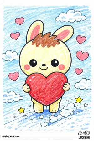 This Labubu-inspired coloring page features a cute character standing front and center while holding a large Valentine heart with both arms.