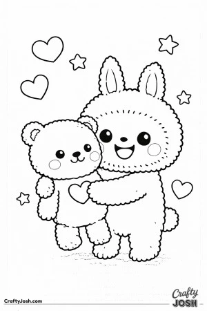 This printable coloring page features a Labubu-inspired character gently hugging a plush teddy bear with a heart on its chest