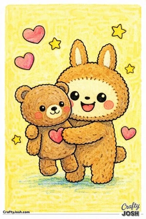 This printable coloring page features a Labubu-inspired character gently hugging a plush teddy bear with a heart on its chest