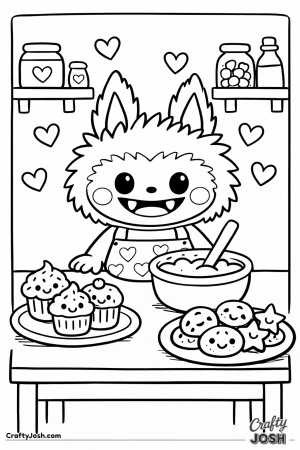 This cute baking-themed coloring page features a friendly Labubu-inspired character standing behind a kitchen table filled with smiling cupcakes, ..