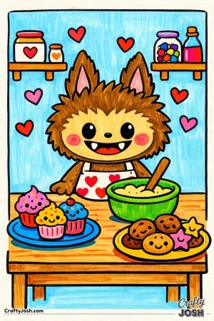 This cute baking-themed coloring page features a friendly Labubu-inspired character standing behind a kitchen table filled with smiling cupcakes, ..