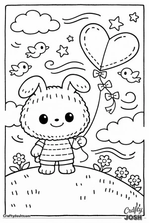 This printable coloring page features a soft, toy-like character inspired by Labubu standing on a grassy hill while flying a heart-shaped kite ..
