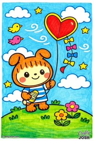This printable coloring page features a soft, toy-like character inspired by Labubu standing on a grassy hill while flying a heart-shaped kite ..