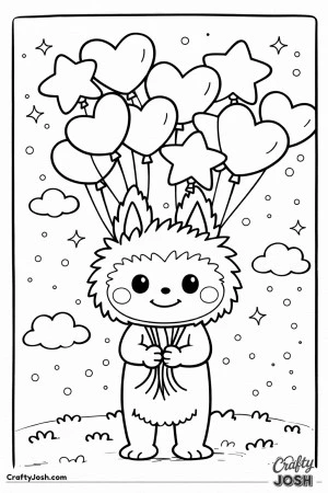 This cheerful coloring page features a Labubu-inspired character holding heart- and star-shaped balloons that float high into the sky