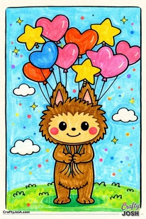 This cheerful coloring page features a Labubu-inspired character holding heart- and star-shaped balloons that float high into the sky