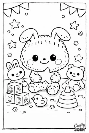This printable coloring page shows a soft, toy-like character inspired by Labubu sitting happily on the floor surrounded by playful toys