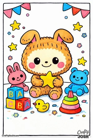 This printable coloring page shows a soft, toy-like character inspired by Labubu sitting happily on the floor surrounded by playful toys