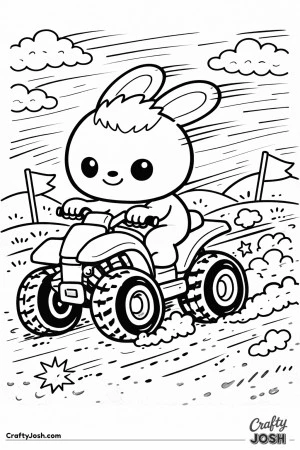 This Labubu-inspired coloring page shows a cute character riding a chunky quad bike at speed, leaning forward as dirt kicks up behind the wheels