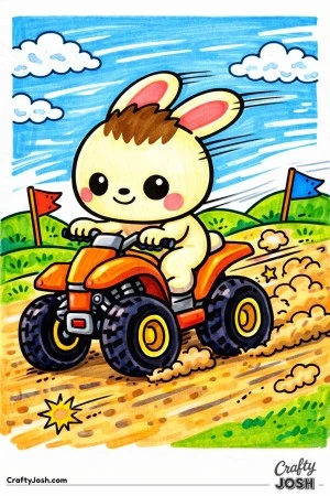 This Labubu-inspired coloring page shows a cute character riding a chunky quad bike at speed, leaning forward as dirt kicks up behind the wheels